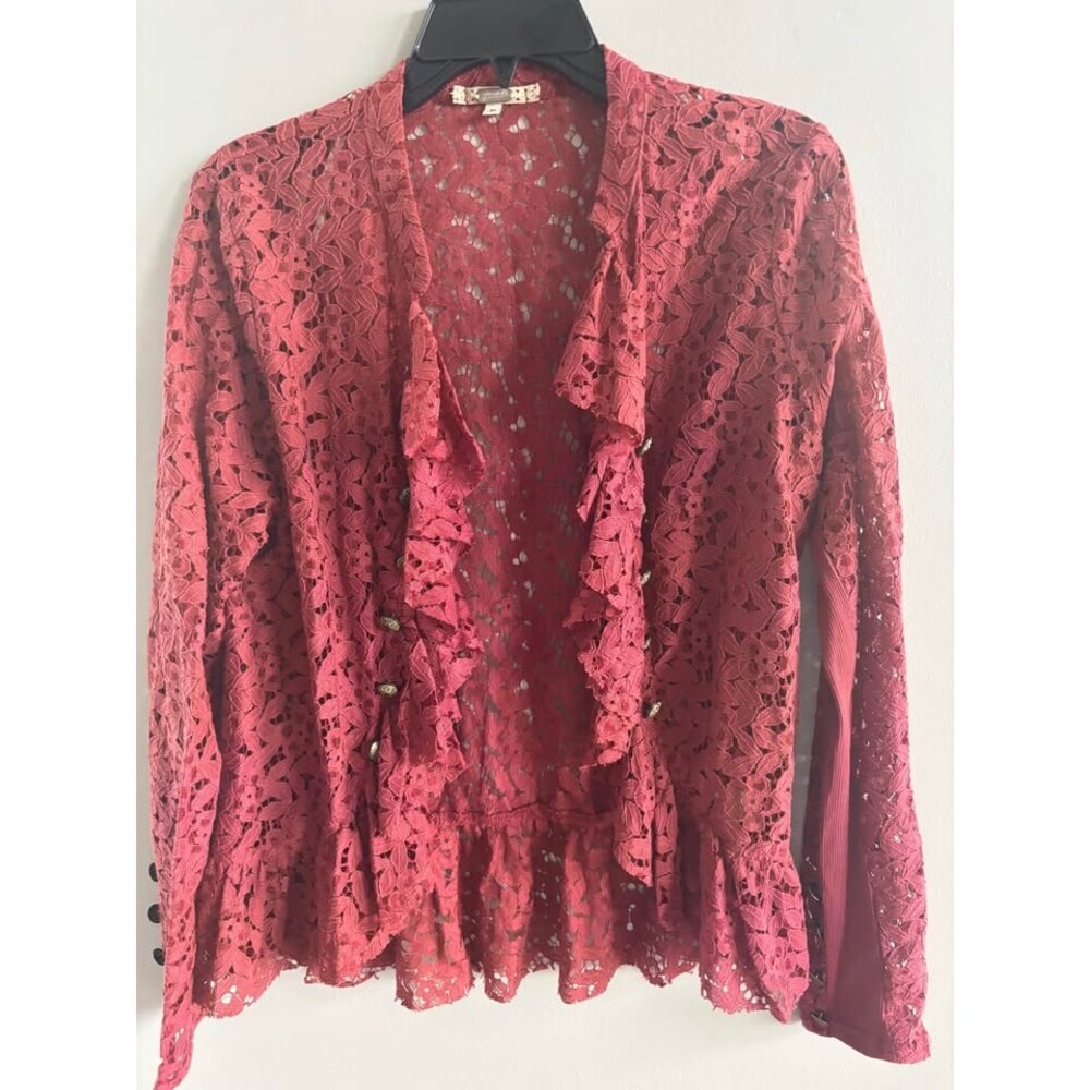 Gimmicks by BKE Burgundy Floral Lace Ruffled Open Front Cardigan Jacket - Medium